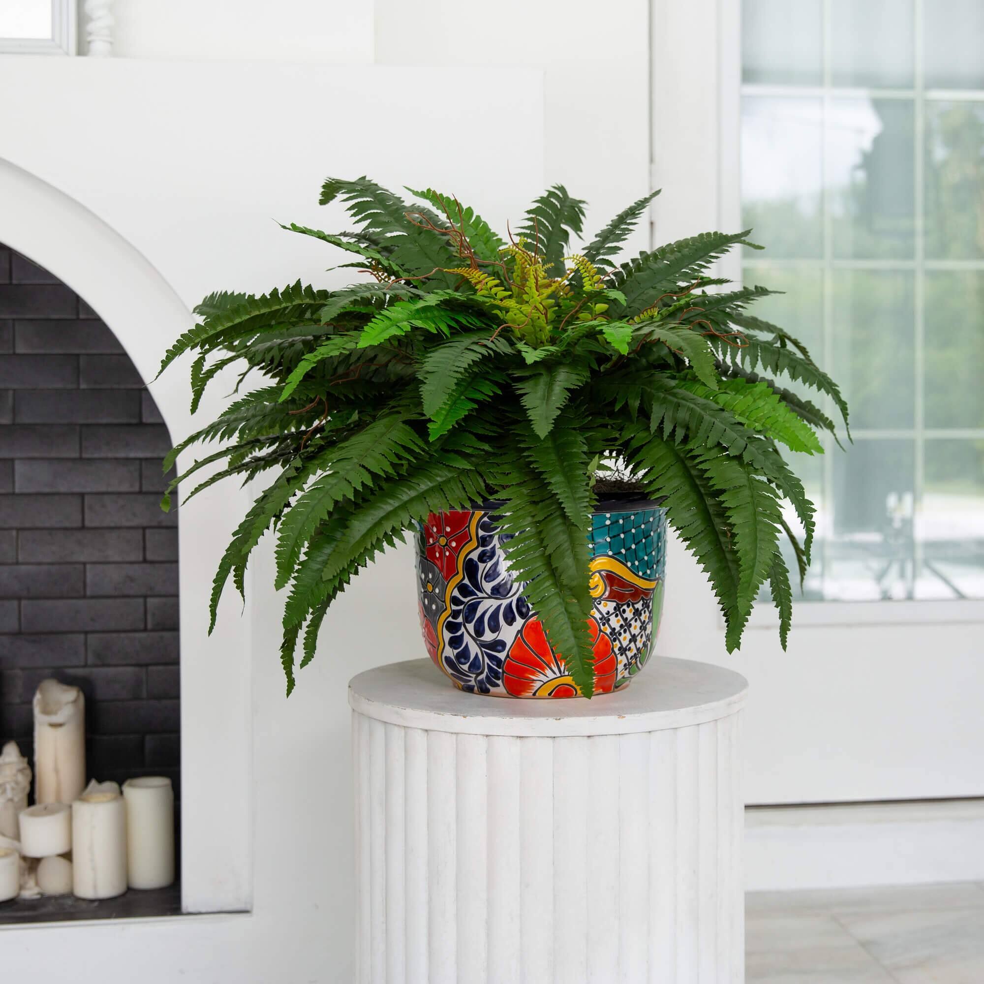3.5ft Artificial Double Boston Fern in Handmade Mexican Talavera Ceramic Planter